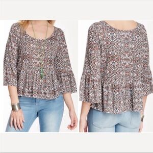 Free People Boho Bell Sleeve Peplum Cropped Linen Top Size Small